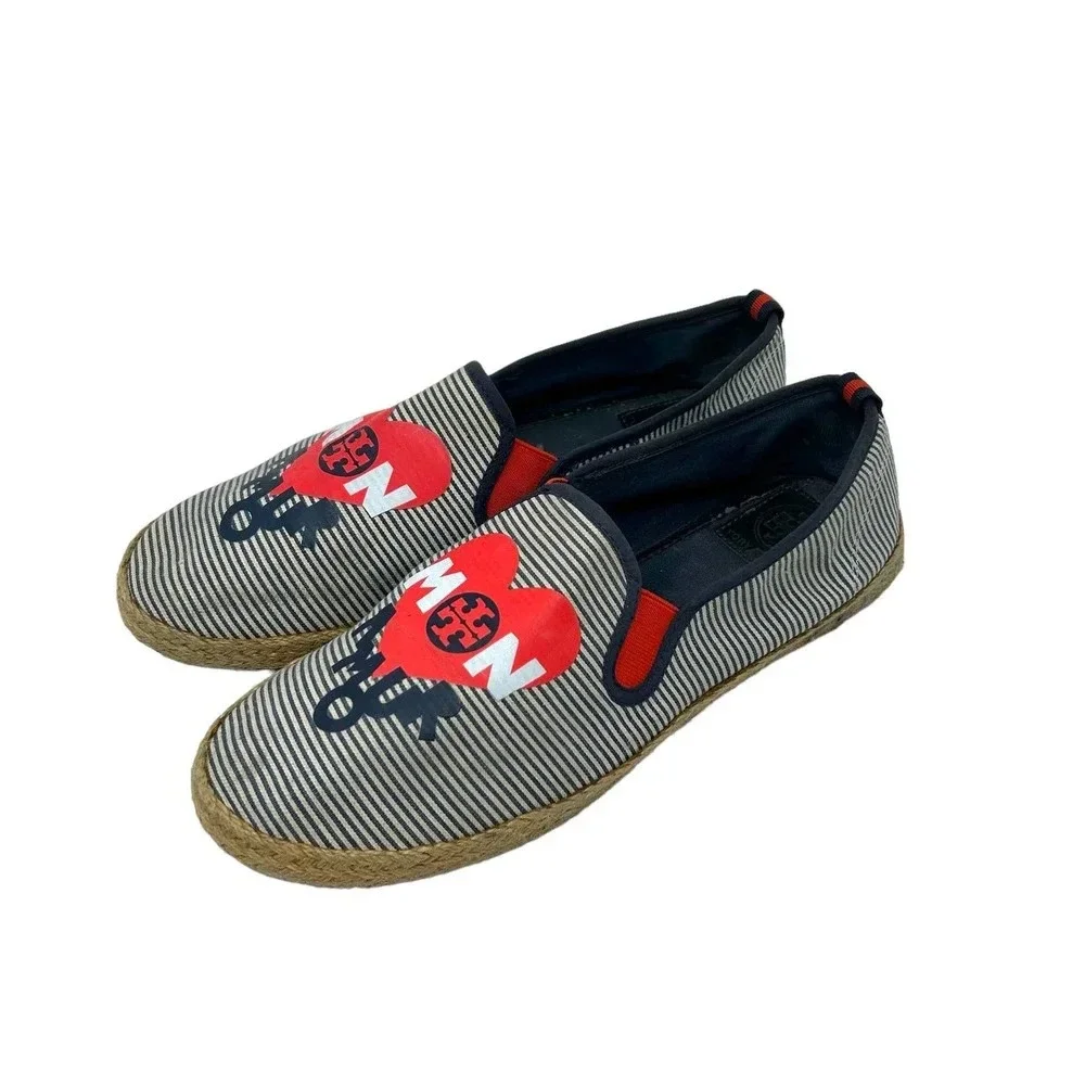 Tory Burch Mon Amour Navy Blue Red Stripe‎ Heart Espadrille Flats Size 10
